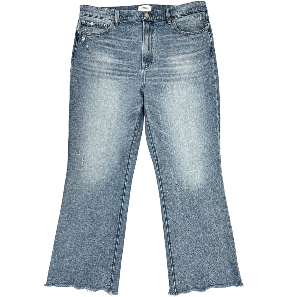 Pistola Ally Ankle Boot Crop Jeans Sz 32" Medium Wash Raw Hem Distressed Relaxed